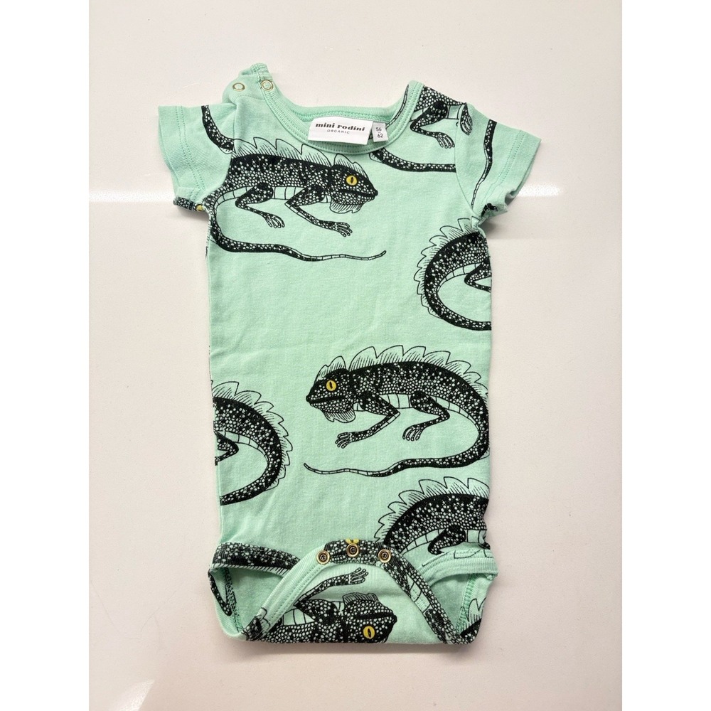 Mini Rodini Mint Green Lizard Print Organic Cotton Bodysuit Size 56/62